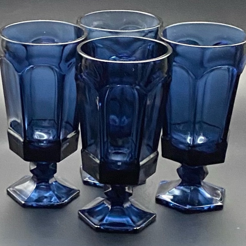 Vintage FOSTORIA 6.875" Iced Tea VIRGINIA DARK BLUE Beverage Glass - Set Of 4